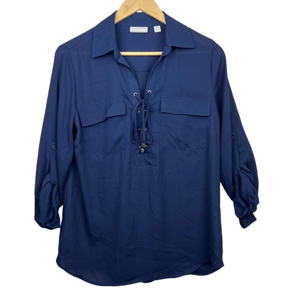 New York & Company Navy Blue Button Down Tab Sleeve Front Pockets Shirt Top M